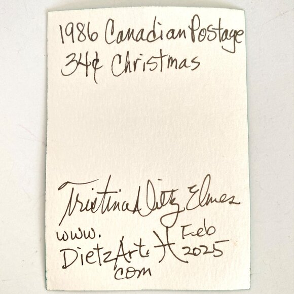 ACEO Original Acrylic Mixed Media Art 1986 Canada Christmas Postage Stamp ATC - Picture 3 of 3